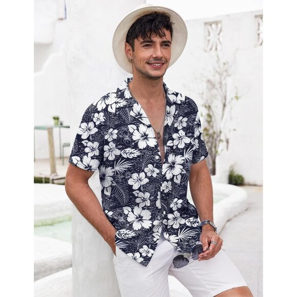 Men's Navy-white Flower Casual Short Sleeve Button Down Textured Beach Shirts - Picture 2 of 6